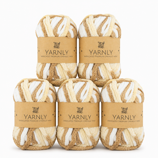 Yarnly - Variegated Chenille Yarn – White, Cream & Beige - 5 x 50g Ball Pack