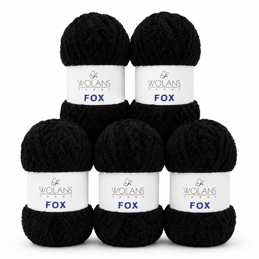 Wolans - Fox Yarn - Fluffy Fur Effect - Black - 5 x 100g Ball Pack