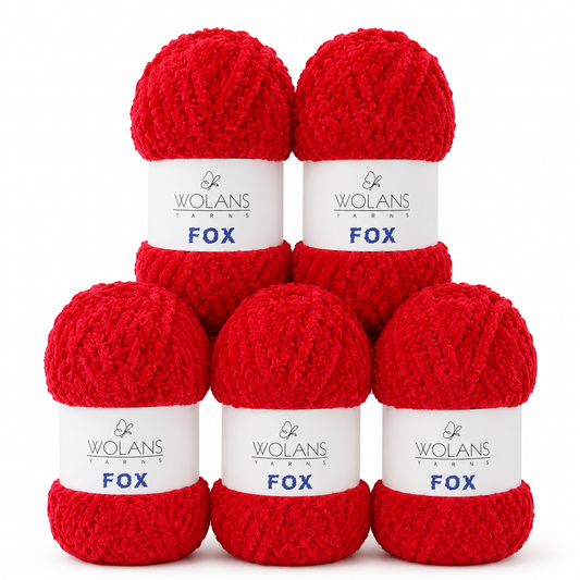Wolans - Fox Yarn - Fluffy Fur Effect - Red - 5 x 100g Ball Pack