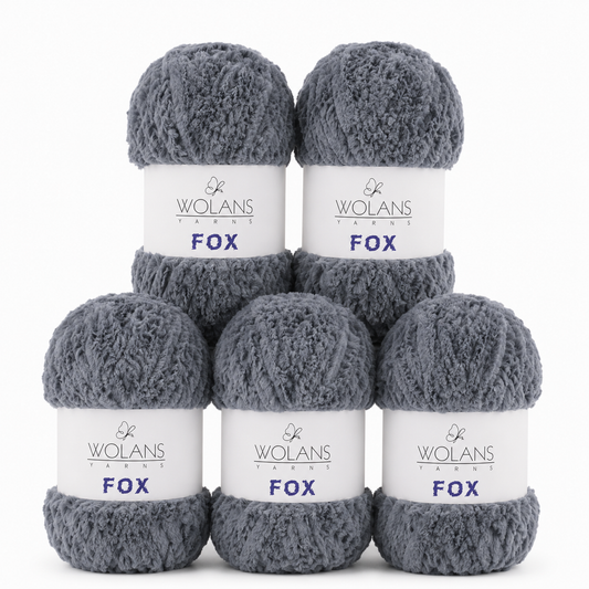 Wolans - Fox Yarn - Fluffy Fur Effect - Grey Sky - 5 x 100g Ball Pack