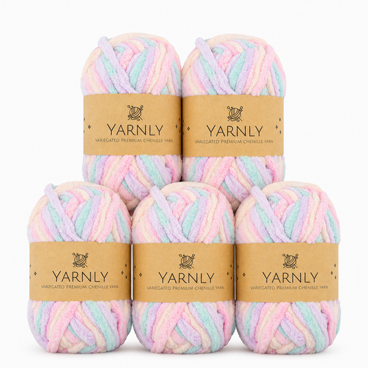 Yarnly - Variegated Chenille Yarn – Pink, Peach & Mint - 5 x 50g Ball Pack