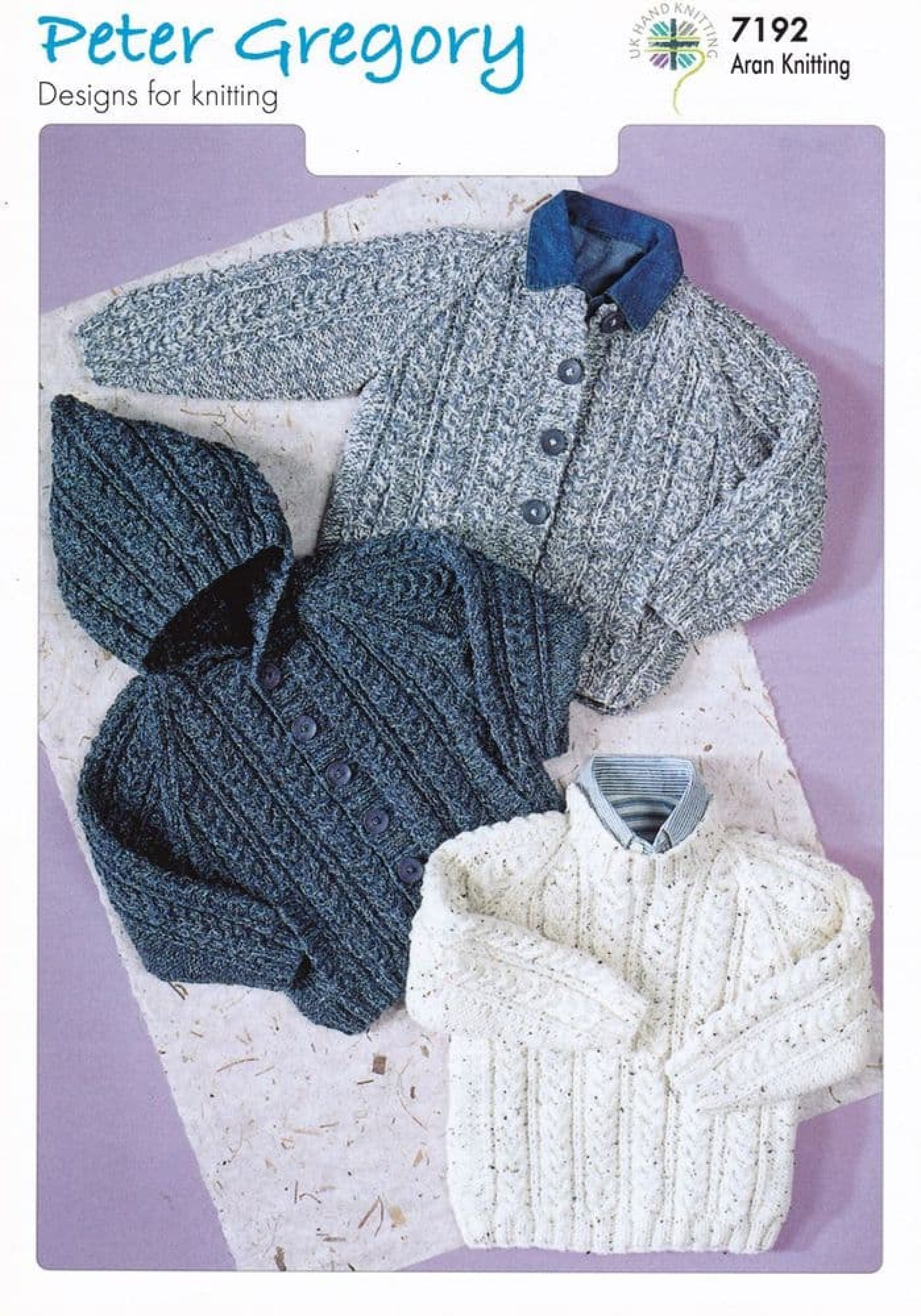 Peter Gregory Knitting Pattern 7192 Childs Aran Sweater and Card thewoolshop