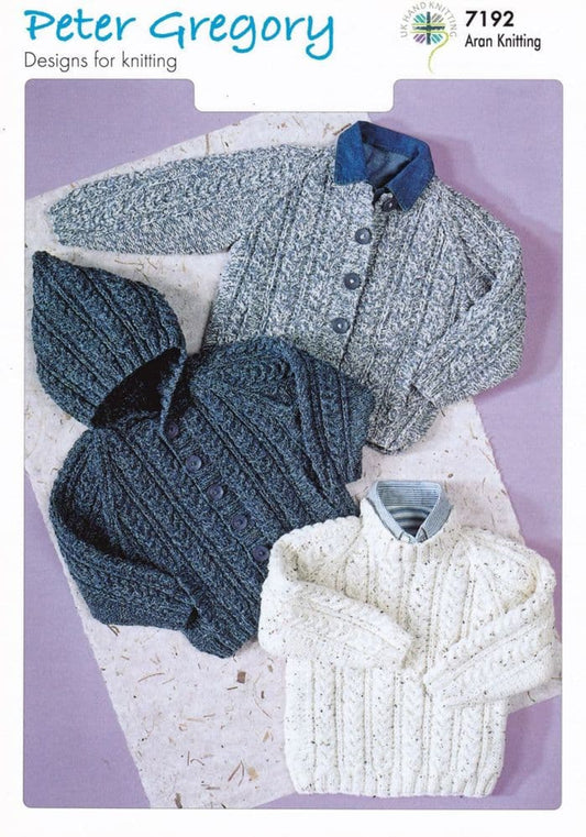 Peter Gregory - Knitting Pattern - 7192 - Childs Aran Sweater and Cardigans