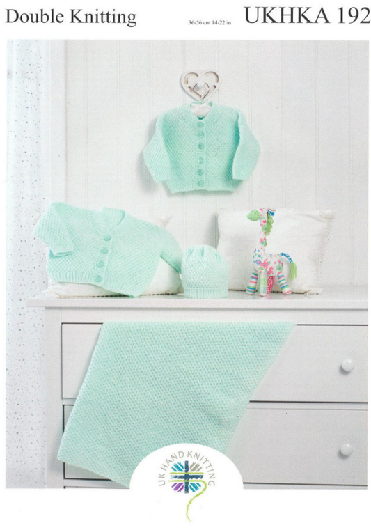 UKHKA - Multi Knitting Pattern - UKHKA 192 - Baby Blanket, Cardigans and Hat