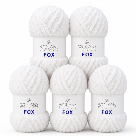 Wolans - Fox Yarn - Fluffy Fur Effect - White - 5 x 100g Ball Pack