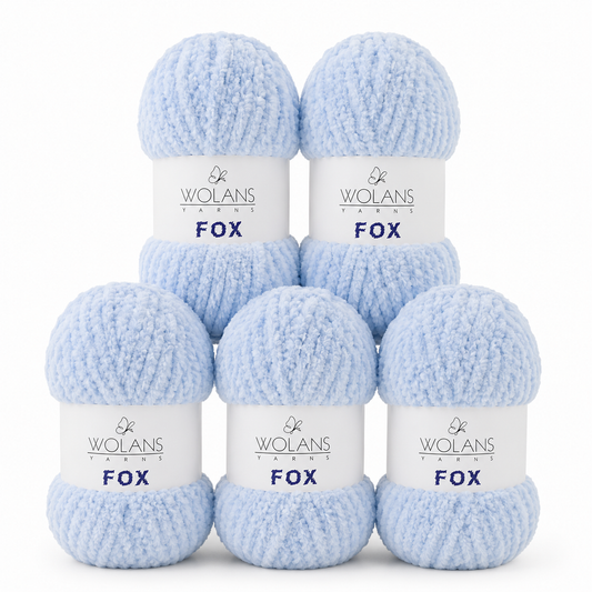 Wolans - Fox Yarn - Fluffy Fur Effect - Light Blue - 5 x 100g Ball Pack
