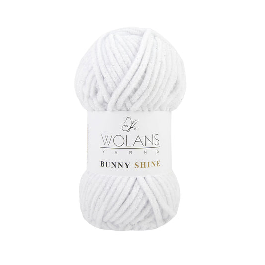 Wolans Bunny Shine - Chunky Glitter Chenille Yarn - Pack of 5 x 100g Balls - White