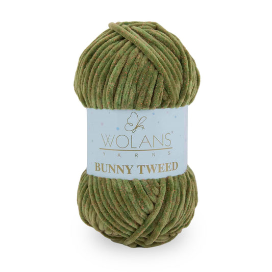 Wolans Bunny Tweed - Chunky Chenille Yarn - Pack of 5 x 100g Balls - Moss Green Pink