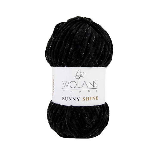 Wolans Bunny Shine - Chunky Glitter Chenille Yarn - Pack of 5 x 100g Balls - Black