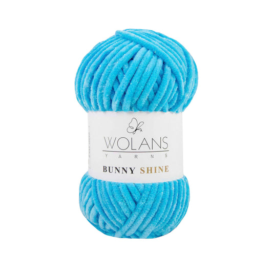 Wolans Bunny Shine - Chunky Glitter Chenille Yarn - Pack of 5 x 100g Balls - Blue