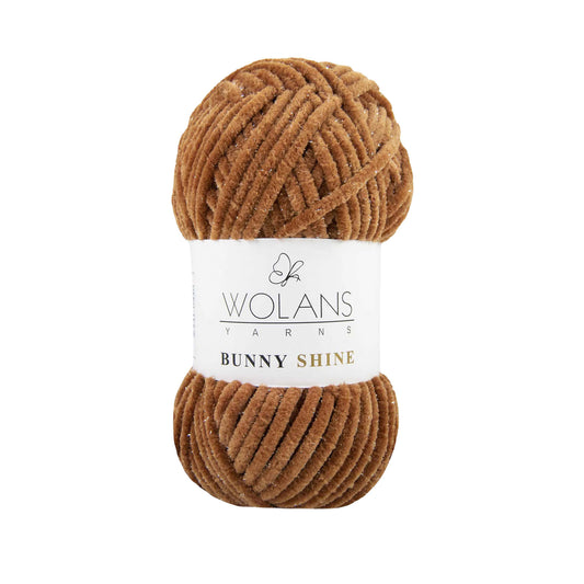 Wolans Bunny Shine - Chunky Glitter Chenille Yarn - Pack of 5 x 100g Balls - Brown