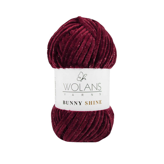 Wolans Bunny Shine - Chunky Glitter Chenille Yarn - Pack of 5 x 100g Balls - Burgundy