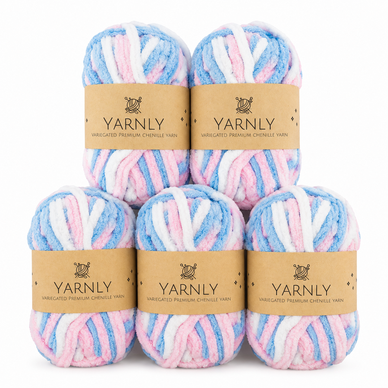 Yarnly - Variegated Chenille Yarn – Blue, White & Pink - 5 x 50g Ball Pack