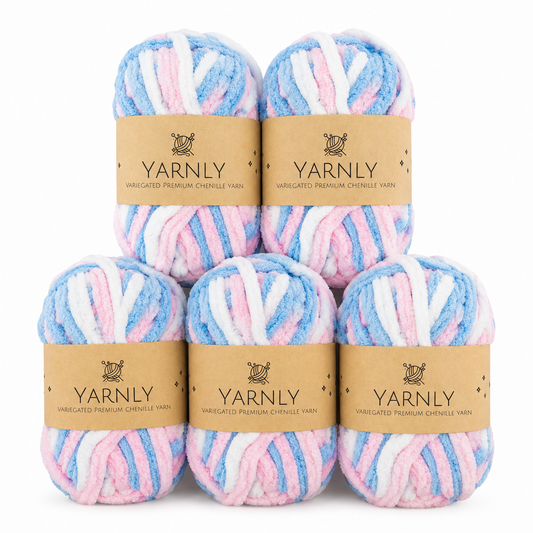 Yarnly - Variegated Chenille Yarn – Blue, White & Pink - 5 x 50g Ball Pack