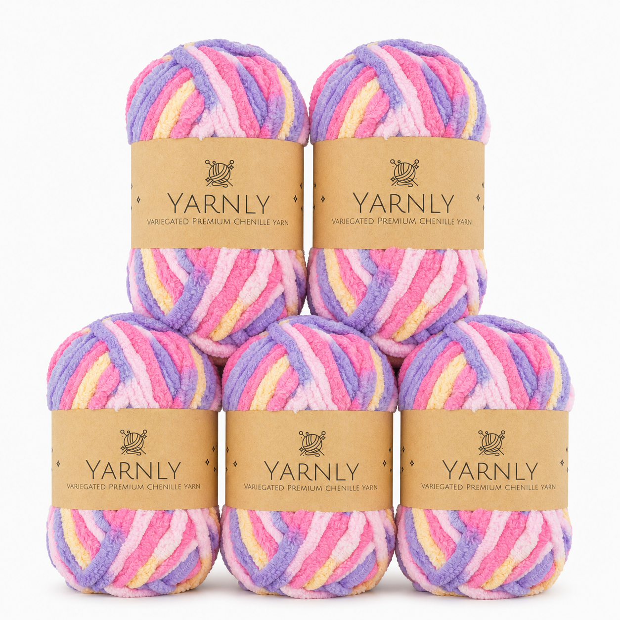 Yarnly - Variegated Chenille Yarn – Lemon, Pink & Lilac - 5 x 50g Ball Pack