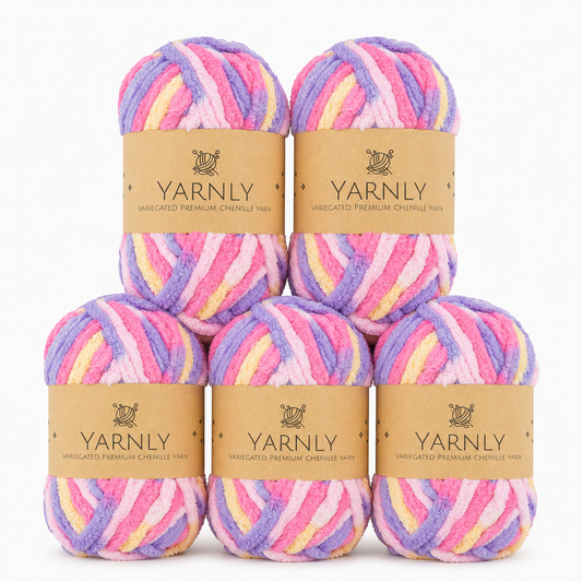 Yarnly - Variegated Chenille Yarn – Lemon, Pink & Lilac - 5 x 50g Ball Pack
