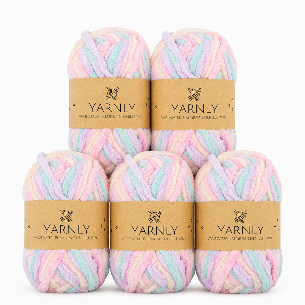 Yarnly - Variegated Chenille Yarn – Pink, Peach & Mint - 5 x 50g Ball Pack