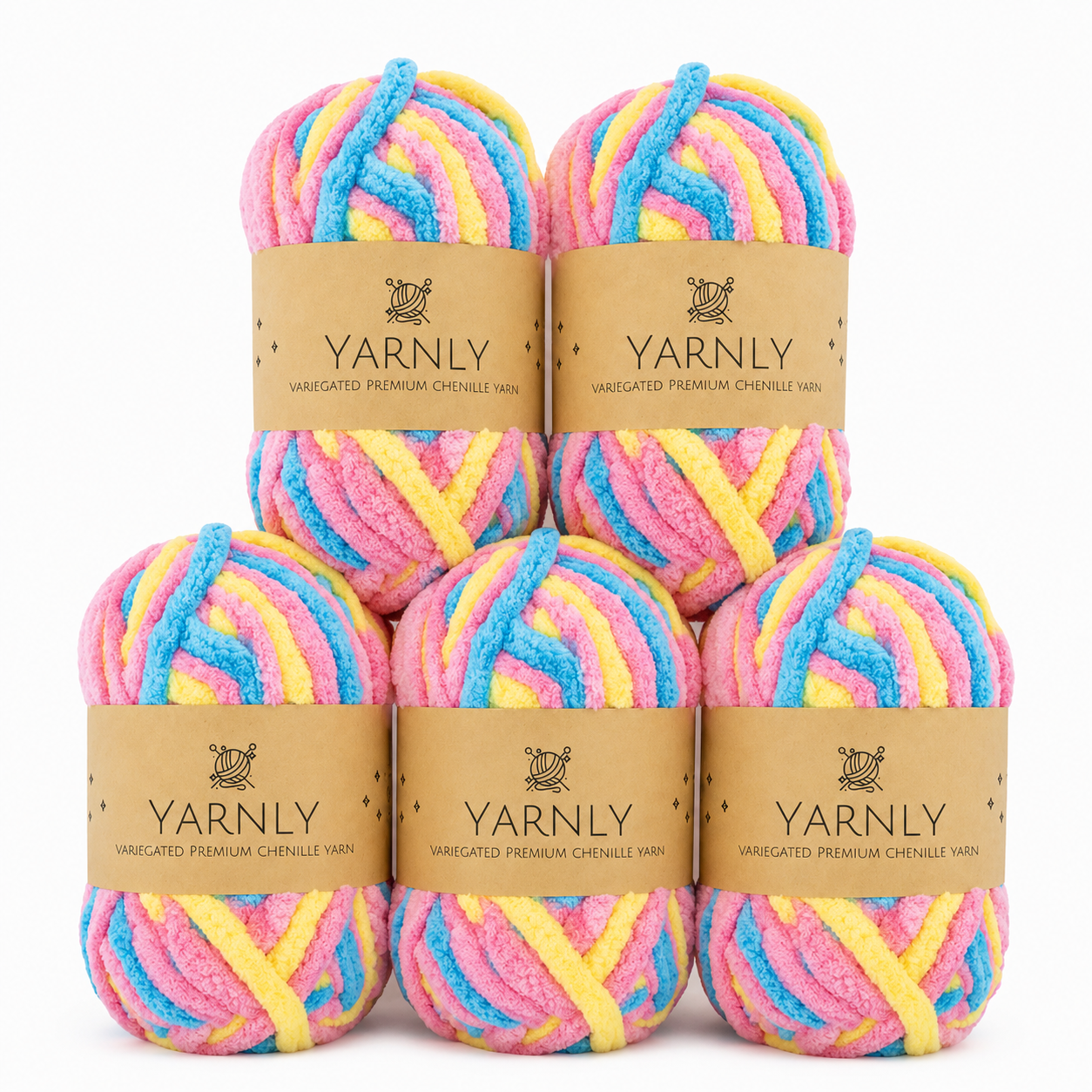 Yarnly - Variegated Chenille Yarn – Lemon, Blue & Pink - 5 x 50g Ball Pack